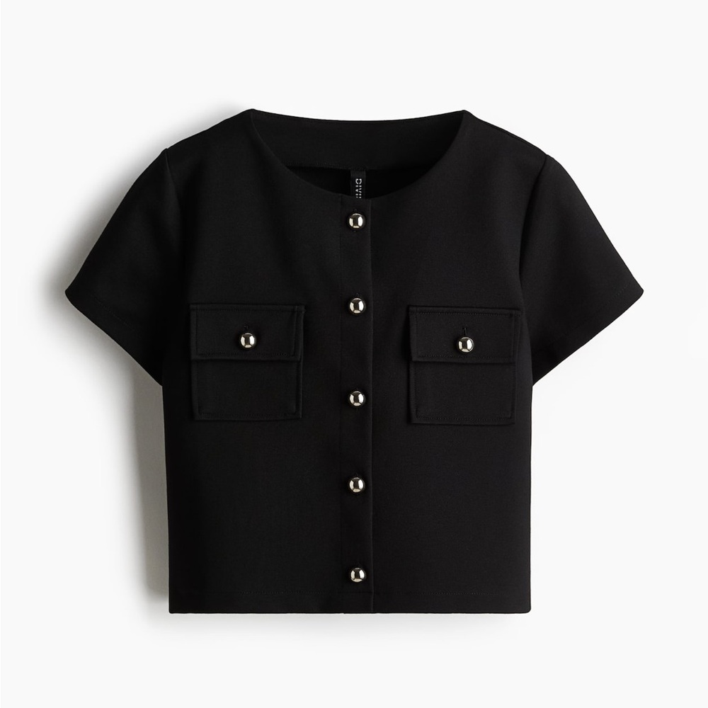 ***BRAND NEW*** H&M WAFFLED JERSEY Black Button-Up Cropped Top